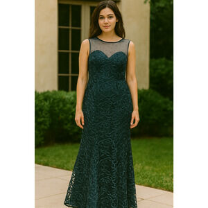 Blue Floral Embroidered Lace Illusion evening bridesmaid, Mermaid Gown Sz-12